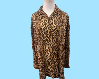 Animal Print Summer Blouse, Vintage 90s Sheer Leopard Animal Print