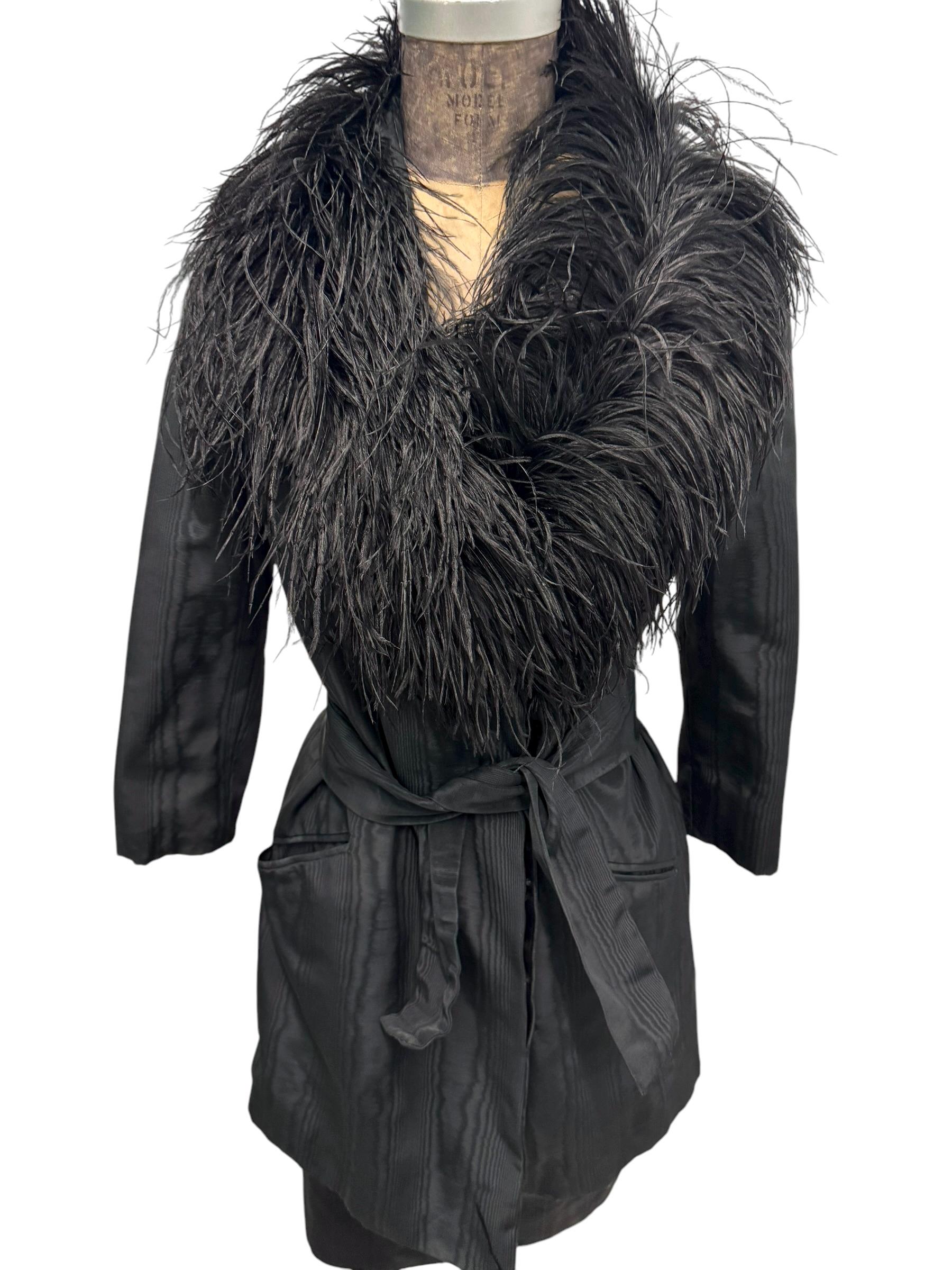 Vintage 60s Black Watered Silk Moire Jacket W/ Feathers & Skirt