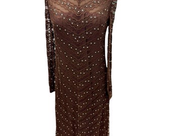 Vintage Brown Lace Diamante Studded Maxi Evening Gown Med