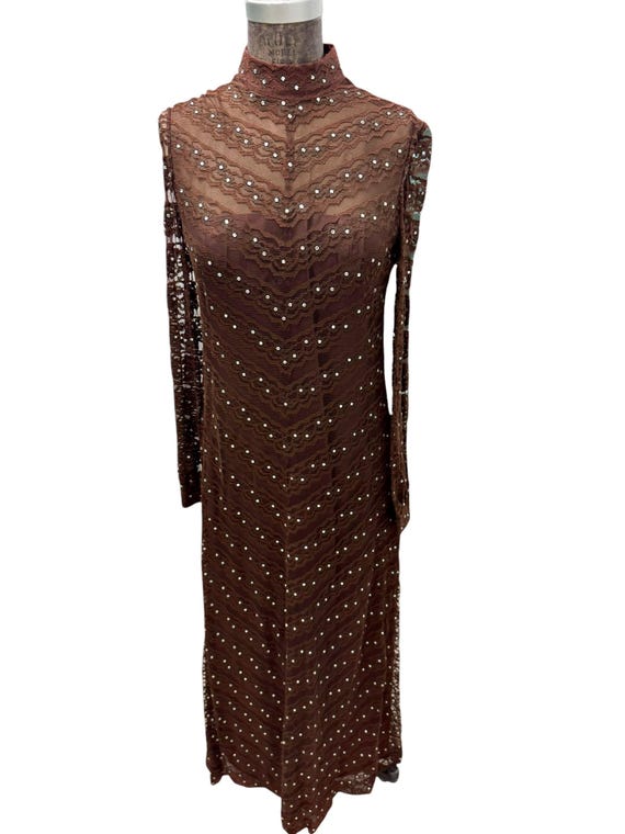 brown diamante dress Long Sleeve Lace Maxi Dress