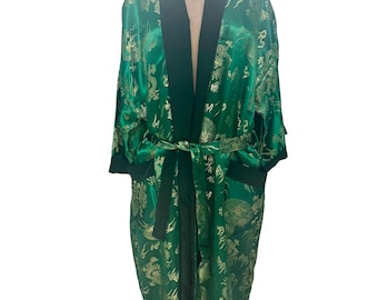 Vintage Asian Green Silk W/ Gold Dragons Reversible Robe Large