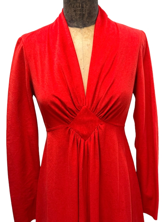 Vintage 1970s  Red Maxi Evening Dress V Neck Empi… - image 2