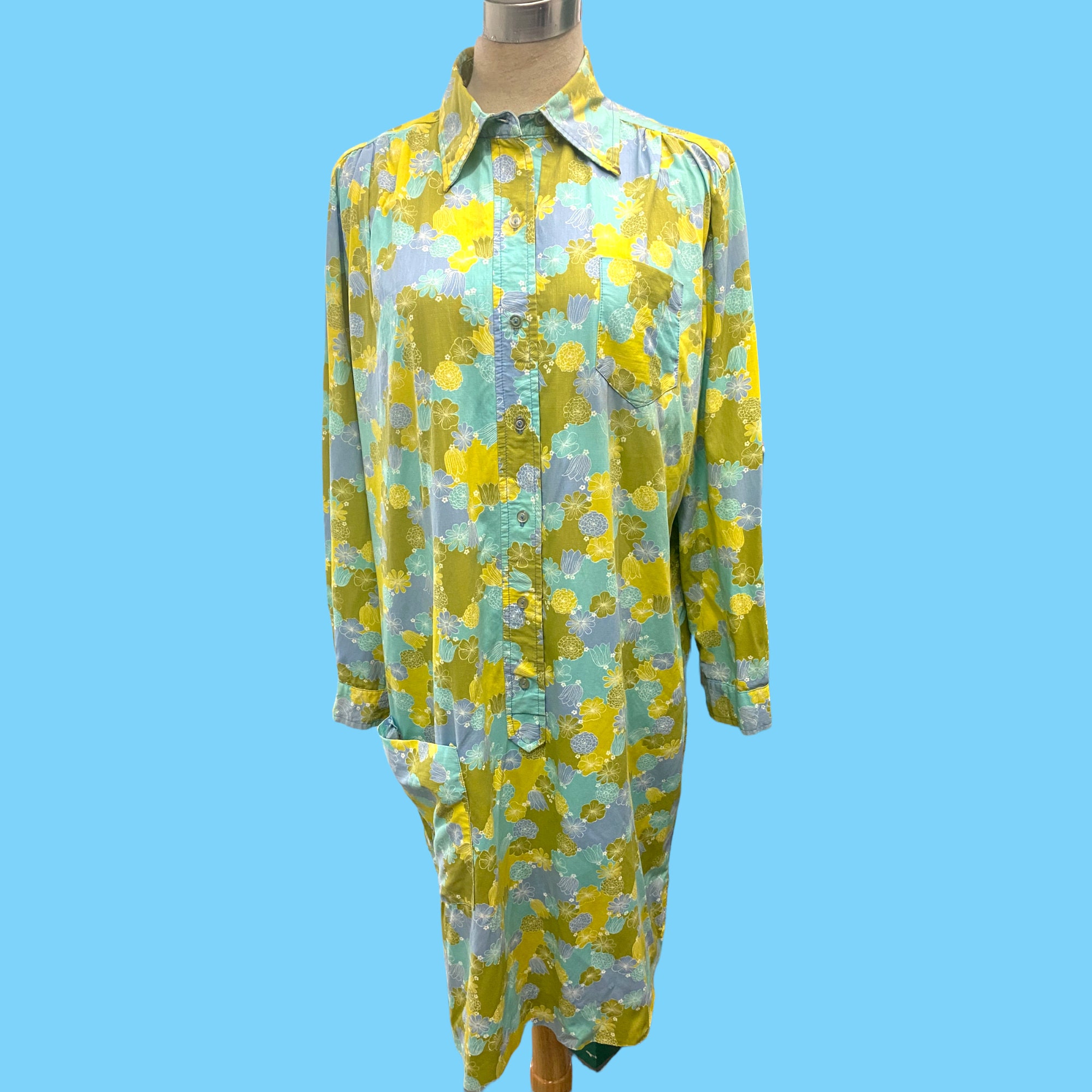 1960s Vintage Retro Floral Long Sleeve Cotton House Dress Etsy