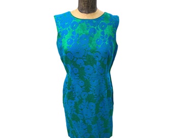 Vintage Mid Century 1960's Blue Green Brocade Sheath Cocktail Dress