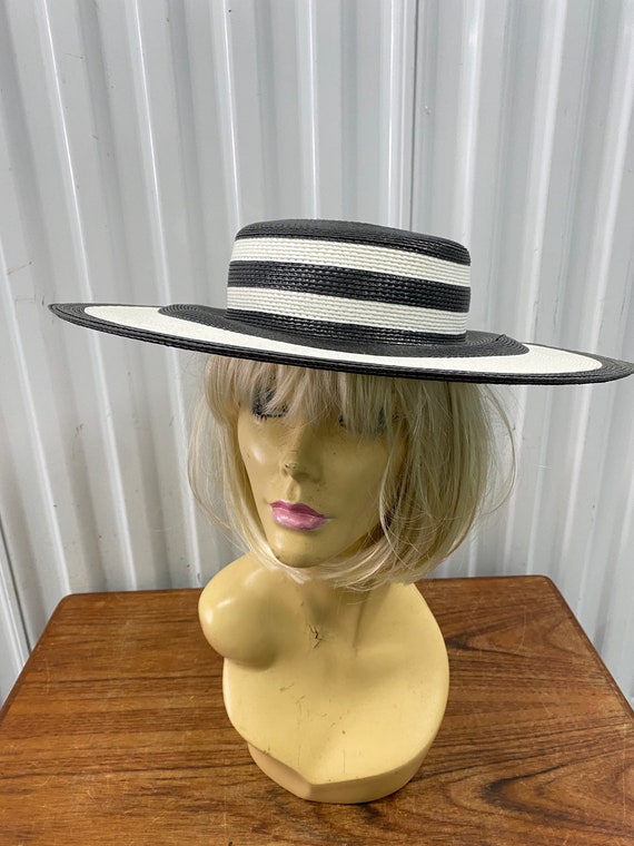 Vintage Black White Striped Wide Brim Faux Straw S