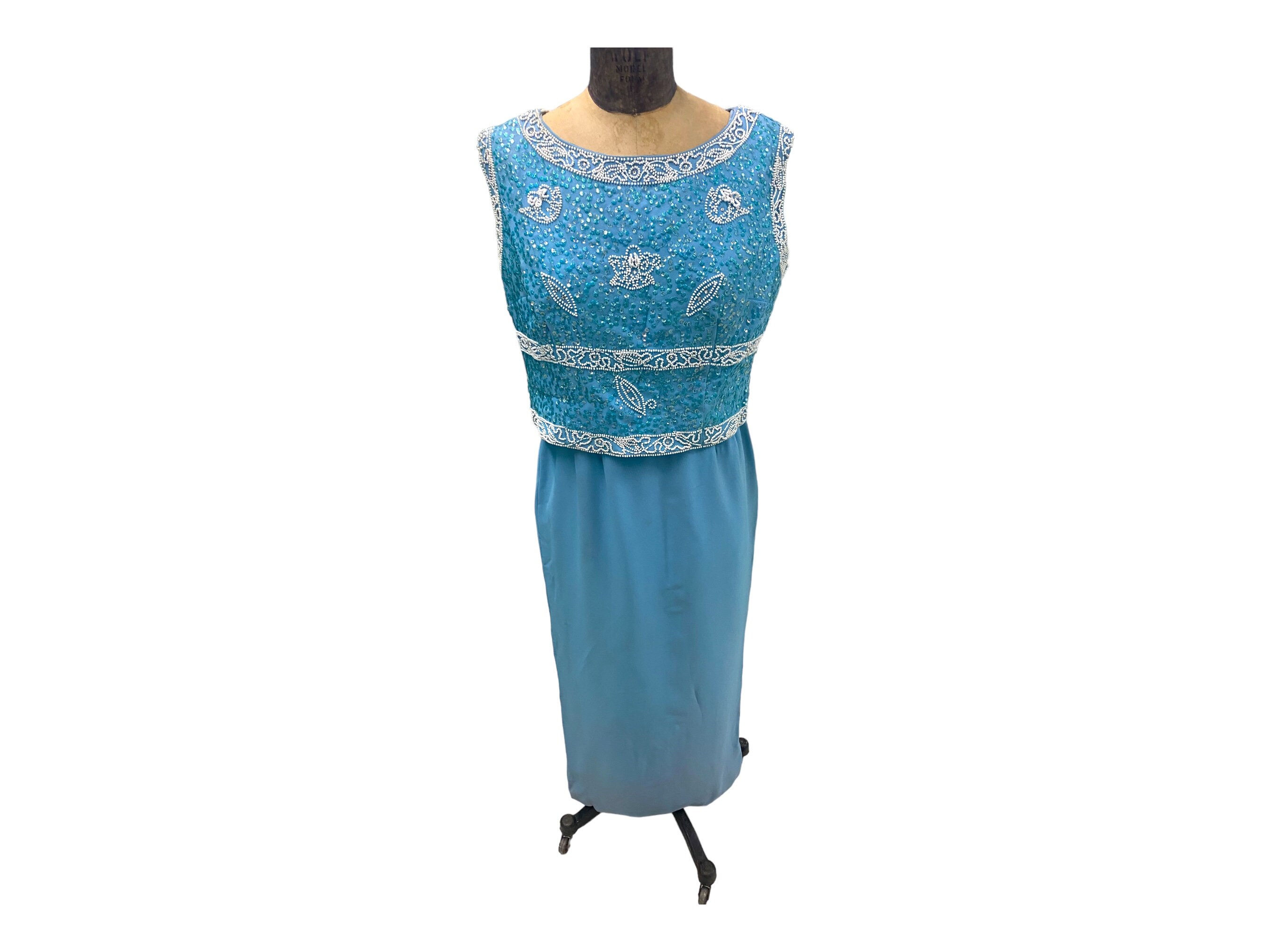 Vintage 60s Light Blue Maxi Evening Dress Seperate Beaded Top.Med