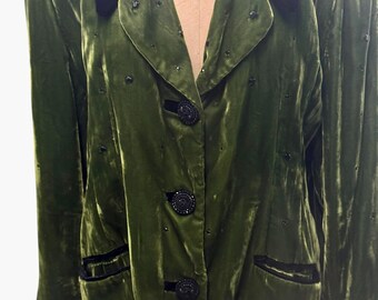 Vintage Criscione Crushed Green Velvet Blazer W/ Black Rhinestones Sz Large