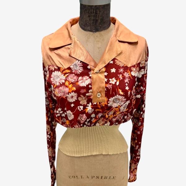 70s Vintage Disco Shirt Designed by Mike Weber Shiny Copper Satin Collar Med