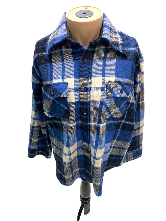 1970s Vintage Brewster Blue Plaid Wool Shirt Jack… - image 1