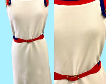 Vintage 1970er Jahre Leslie Fay White W / Red & Blue Summer Dress