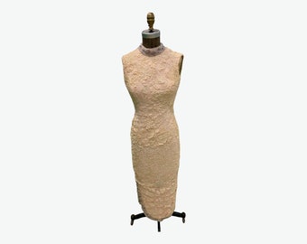 Vintage 1960s Lillie Rubin Hell Rosa Langes Perlen Bejeweled Abendkleid Sm
