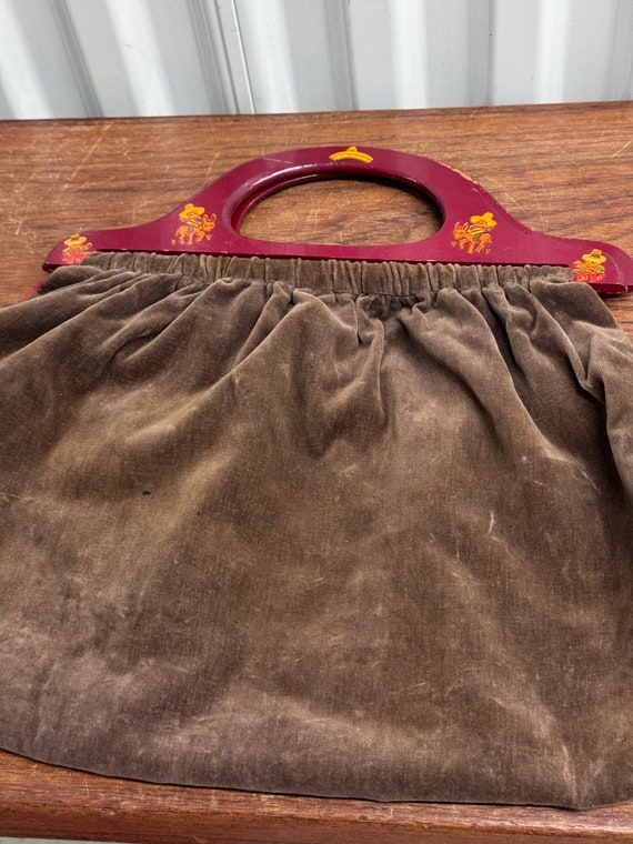 Vintage 1950s Brown Velvet Bag Red Wood Handle Mex