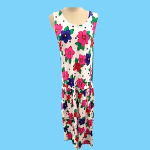 Vintage Izod Cotton Floral Drop Waist Summer Midi Dress Medium