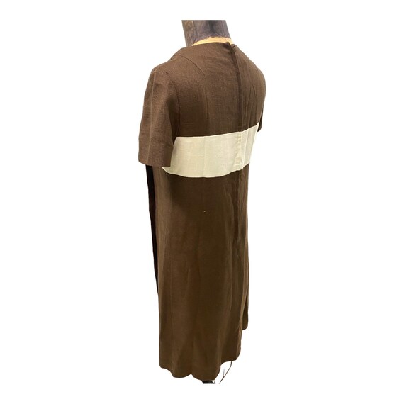 1970s Brown Linen With White Stripe Dress Med - image 7