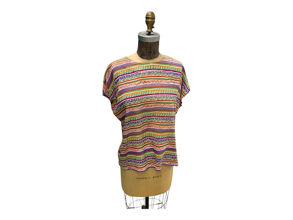 Vintage 70's Rodier Silk Bright Colorful Tribal P… - image 1