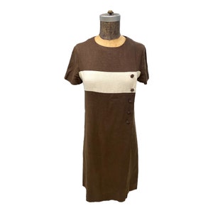 1970s Brown Linen With White Stripe Dress Med