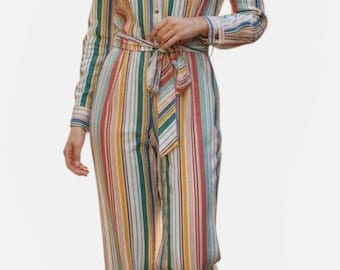 Vintage 1970s Jane Victor Striped Belted Wide Leg Jumpsuit NWT Size 12