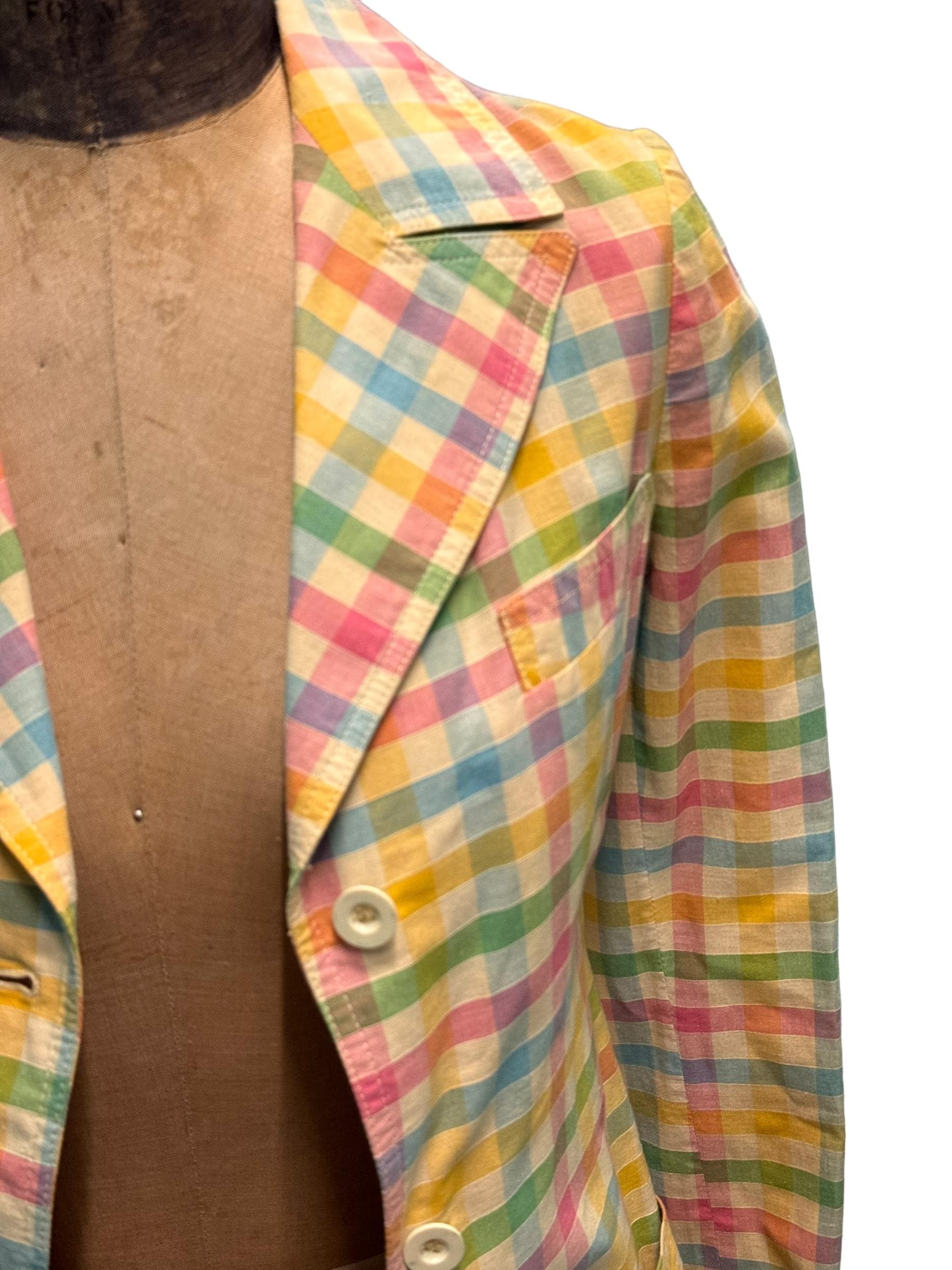 Vintage 1970s Micmac St Tropez Cotton Pastel Plaid Jacket Size 6