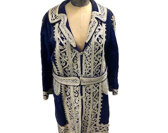 Beautiful Vintage 70s Boho Hippy Blue Velvet W/ Silver Wire Afghanistan Coat