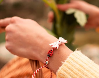 Beaded Ladybug March Bracelet with Macrame Closure