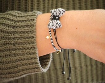 Bow Bracelets Set Black and White, Adjustable Cord Bracelets