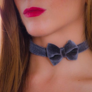 Gray Choker Velvet Necklace, Vintage Romantic Choker with Bow