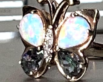 White Fire Opal Butterfly Ring 925 Sterling Silver Gold Vermeil Size 7 Stunning COLOR Change Pseudo Chromatic Optical Effect See PICTURES!