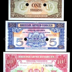 Great Britain Military Currency 2nd, 3rd & 4th Series! British Armed Forces 10, 5 and 1 Shilling Notes Issued 1948, 1956, 1962 Uncirculated