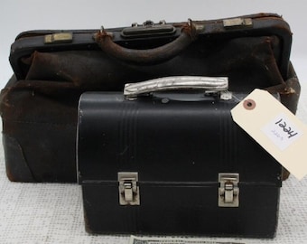 Vintage Domed Lunch Box and/ or Leather Bag. Black Metal Lunch Box and Doctor Style Black Leather Bag.