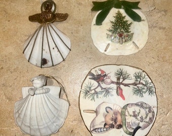 Vintage 1st Margret Furlong 1980 + Handmade, Hand painted Sand Dollar and Sea Shell Christmas Ornaments. Unique Ornament Art for Your Tree