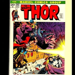 May include: A vintage comic book cover for "Thor" featuring a dynamic illustration. The cover displays the title in large red letters, with action-packed scenes of characters battling. The text "EGO-PRIME vs. THE EARTH!" is prominently displayed.