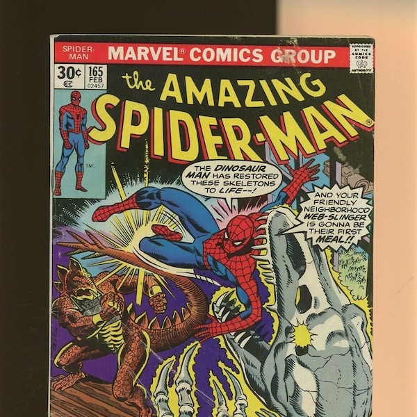 Amazing Spider-Man #165 Feb 1977. Stegron Stalks the City!" P 1  1ohn Romita and Frank Giacoia cover. Len Wein script. Ross Andru & Mike Art