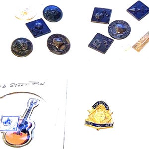 BSA Cub Scouts Den Mother Pin, Bullion Badge, Guitar Pin, 2 Vintage Pin Collections, Shirt w Patches, Neckerchief, Sliders, Separate or lot