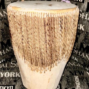 Old African Style Large Hand Drum with real soft hide top, bottom & wrapped around drum. Great Tone! Excellent Display, Side Table any Decor