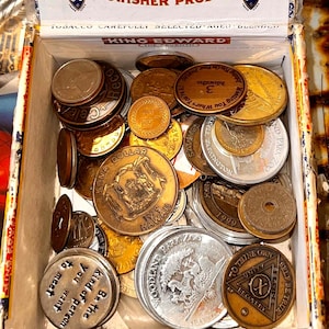 Vintage Token & Coin Collection! 62 Travel Collectables w 100 Hard Rock Casino Chip, Some w Original Retail Stickers 10 to 25 dollars Each!