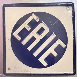 Erie White on Blue on White Square Sign. Vintage Erie Railroad Tin Sign from 1950’s Post Cereal.  Railroad Collectable in good condition.