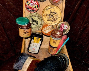 Shoe Shine kit Boot Shine Box full of Vintage Tins n Jars o Boot Polish, Cream, Saddle Soap old names: Boot Master, Properts, Justin etc