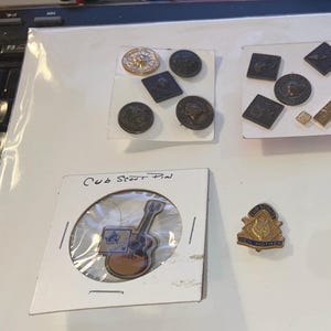BSA Cub Scouts Den Mother Pin, Bullion Badge, Guitar Pin, 2 Vintage Pin Collections, Shirt w Patches, Neckerchief, Sliders,  Seperate or lot