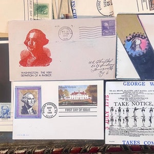 George Washington Stamps, Post Cards 1st Day Covers 1945, 1966 (x2) 1975, 1999. Mount Vernon, Takes Command of Army, Definition of a Patriot