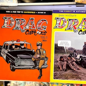 Drag Cartoons 2 vintage issues from 1966 and 1967. Issue #23 and #41. Muscle Car Culture, Hot Rod Humor, and Automobile Art. Great condition