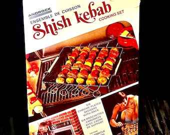 Shish- Kebab Cooking Set Vintage Unused Ensemble with original packaging and recipes Skewers and rack  complete