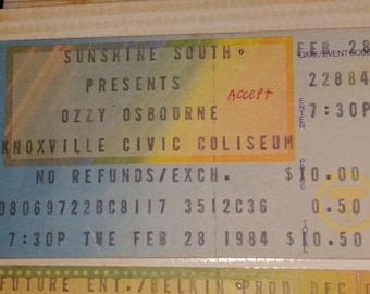 Ozzy Osbourne 1984 Concert Ticket Stub Bark At The Moon World Tour. Knoxville Tennessee with Accept.