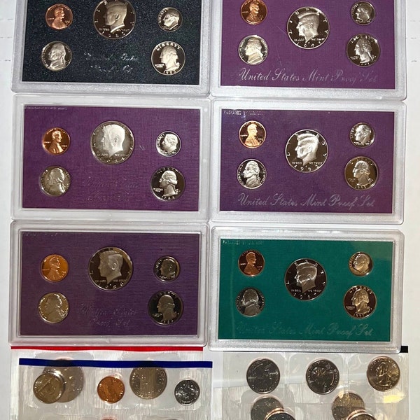 Coins Proof Sets US Mint Original Case 1983, 1984, 1986, 1991, 1992, 1997 US Coin Sets. Uncirculated 2000 set and 2000 Early State Quarters