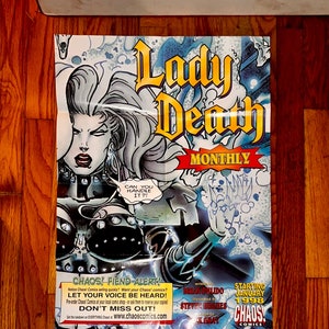 Lady Death 1997 Rare Promo Poster from Old Publisher Chaos Comics Vintage Comic Shop Exclusive Very Ltd number sent to stores. Never Sold.