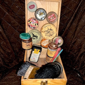 Shoe Shine kit Boot Shine Box full of Vintage Tins n Jars of Boot Polish, Cream, Saddle Soap old names: Boot Master, Properts, Justin etc.