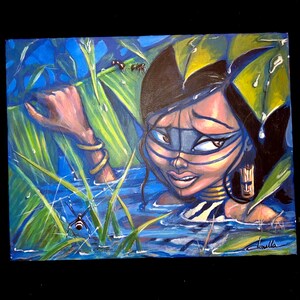 Tiki Terror - Original art work. Oil painting on stretched canvas by Jonella Vitale. Girl moving through elevated jungle waters undetected.