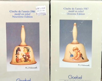 Bells Goebel 1986 & 1987 M J Hummel Annual Bells 5th and 6th Editions in Bas Relief. Handmade in West Germany. Original Boxes Retail 100-110