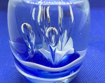 Vintage Paperweight Hand Blown Controlled Bubble in Clear Glass with Blue and White Heavy Swirled in a Rounded Cylinder with Flat Bottom