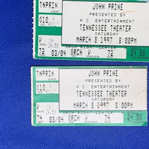 John Prine Concert Ticket Stub. Vintage Ticket Stubs from the March 8, 1997 show at the historic Tennessee Theatre in Knoxville, Tennessee.