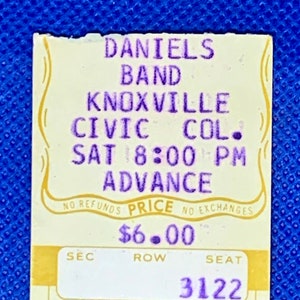 Die Charlie Daniels Band Konzertkarte Stub Gesichtspreis 6 Dollar Vintage 70er Jahre Konzertkarte Stub aus dem Civic Coliseum Knoxville, TN